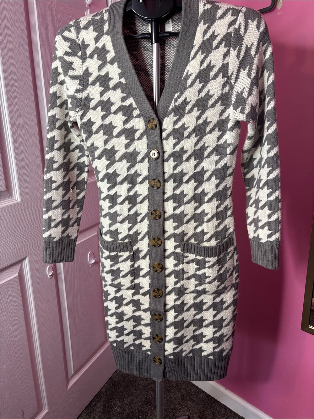 Olive & Oak Houndstooth Long Cardigan Duster PM Gray Ivory Button Front